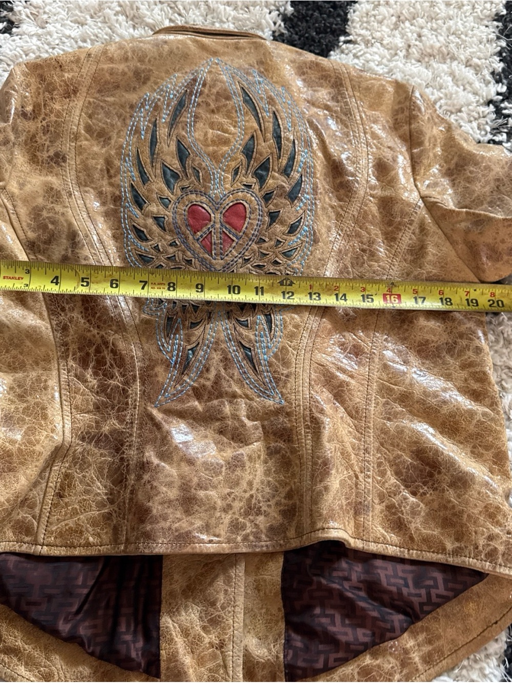 Distressed Tan Leather Jacket with Embroidered Wing & Heart Back - Picture 13 of 15